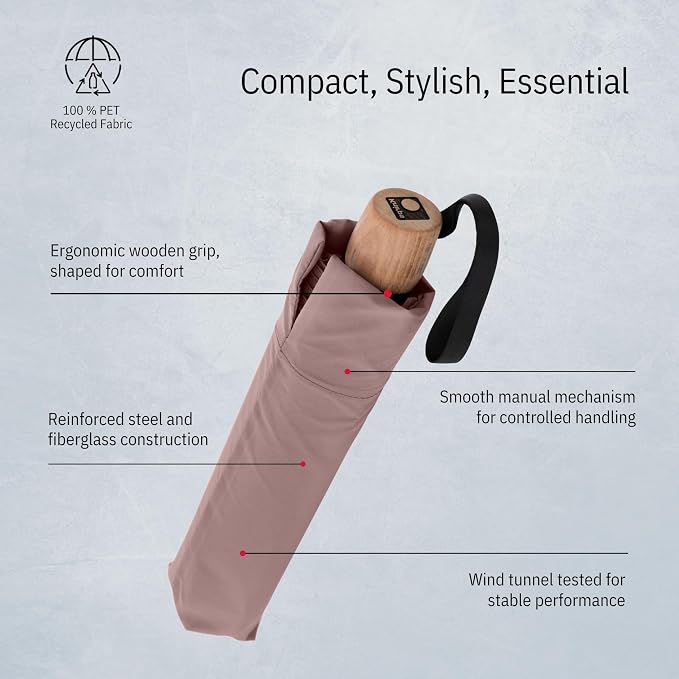 Knirps TIMBER Umbrella Travel Size Full Coverage Rain Gear Small Purse or Backpack Accessories For Women & For Men, Heavy Duty Windproof Umbrellas with Manual German Beech Wood Handle, Heather