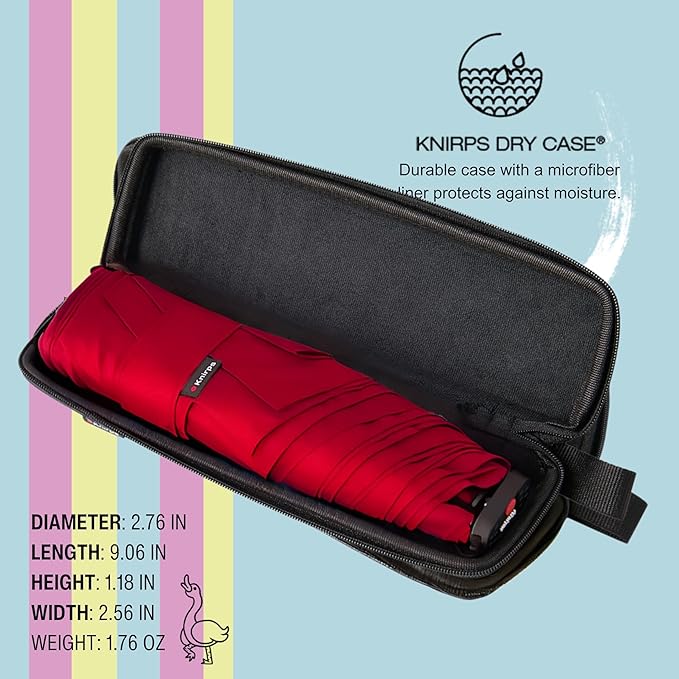 Knirps X4U My Clever Companion– 90cm Diameter Windproof Manual Open/Close Umbrella, Small and Compact Design for Travel and All Weather Protection, with Retractable Feature and Travel Case, Cherry
