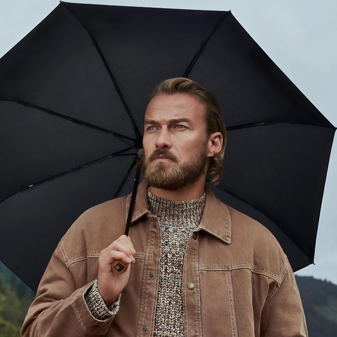 Knirps TIMBER Windproof Umbrella, Compact Travel Essentials Sun Protection & Rain Protection For Women & For Men, Manual Umbrellas with Water Resistant Carrying Case & German Beech Wood Handle, Cloud