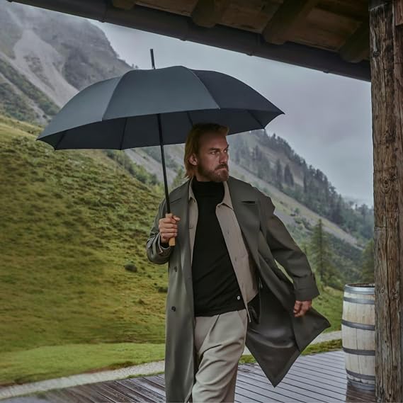 Knirps TIMBER Golf Umbrella for Rain & UV Protection Windproof Water Resistant Full Coverage Canopy Classic Large Walking Stick Umbrellas For Adults Designed with German Beech Wood Handle, Black