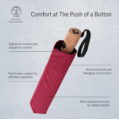 Knirps TIMBER Umbrella Compact Travel Essentials, Windproof Automatic Retractable Folding Water Resistant Rain Protection with Beech Wood Handle, Lightweight Portable Gear for Adults, Hibiscus
