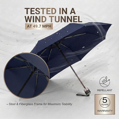 Knirps C.041 Chrome Matt Manual Rain Umbrella for Adults in Navy – Vegan Leather Handle, Wind Resistant Design, Lightweight Steel Fiberglass Frame, 39in Canopy, Protective Sleeve Included