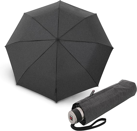 Knirps C.041 Chrome Matt Manual Rain Umbrella for Adults in Melange Black – Vegan Leather Handle, Wind Resistant Design, Lightweight Steel Fiberglass Frame, 39in Canopy, Protective Sleeve Included