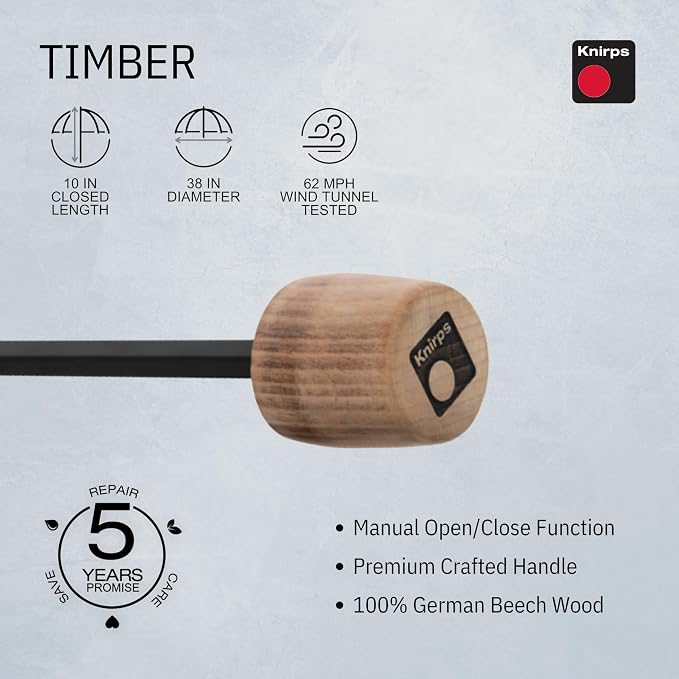 Knirps TIMBER Windproof Umbrella, Compact Travel Essentials Sun Protection & Rain Protection For Women & For Men, Manual Umbrellas with Water Resistant Carrying Case & German Beech Wood Handle, Cloud