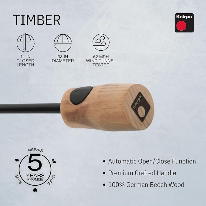 Knirps TIMBER Umbrella Compact Travel Essentials, Windproof Automatic Retractable Folding Water Resistant Rain Protection with Beech Wood Handle, Lightweight Portable Gear for Adults, Hibiscus