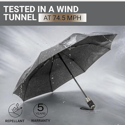 Knirps C.241 Chrome Matt Duomatic Umbrella for Adults in Melange Black - Automatic Open and Close, Vegan Leather Handle, Wind Resistant Steel Fiberglass Frame, 39in Canopy, Protective Sleeve Included