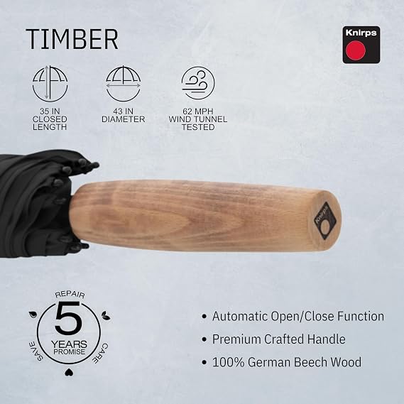 Knirps TIMBER Golf Umbrella for Rain & UV Protection Windproof Water Resistant Full Coverage Canopy Classic Large Walking Stick Umbrellas For Adults Designed with German Beech Wood Handle, Black