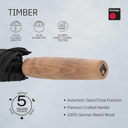 Knirps TIMBER Golf Umbrella for Rain & UV Protection Windproof Water Resistant Full Coverage Canopy Classic Large Walking Stick Umbrellas For Adults Designed with German Beech Wood Handle, Black