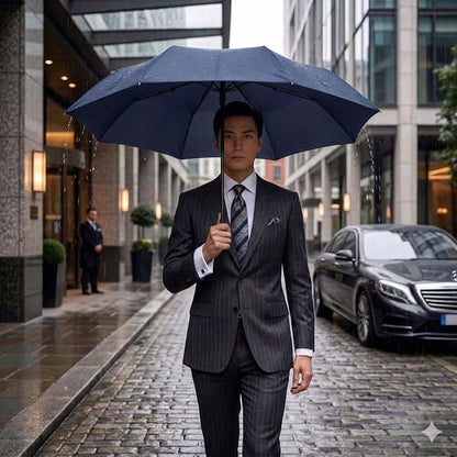 Knirps C.041 Chrome Matt Manual Rain Umbrella for Adults in Navy – Vegan Leather Handle, Wind Resistant Design, Lightweight Steel Fiberglass Frame, 39in Canopy, Protective Sleeve Included