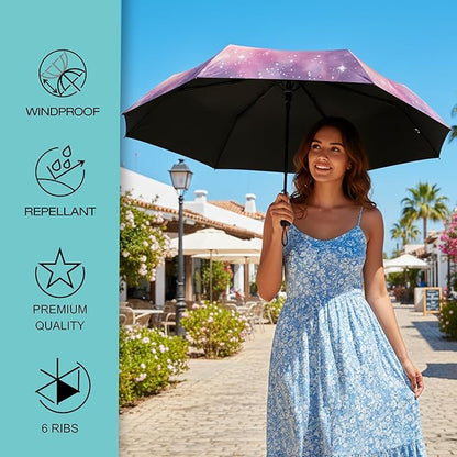 Knirps U.200 Compact Lightweight Travel Umbrella in Cosmic, Auto Open Close, 4-in-1 Heat Shield Sun Rain, UPF 50+ Blocks 99.95% UV, Reduces Temp 40%, Cuts Glare 99.99%, Windproof 75mph