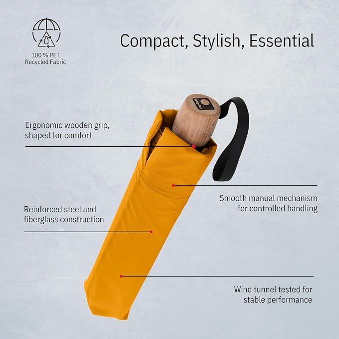Knirps TIMBER Portable Umbrella, 38" Travel Size Small Purse Umbrellas for Rain Wet Weather Gear for Adults, Water Resistant Cover Manual German Beech Wood Handle & Heavy Duty Windproof Frame
