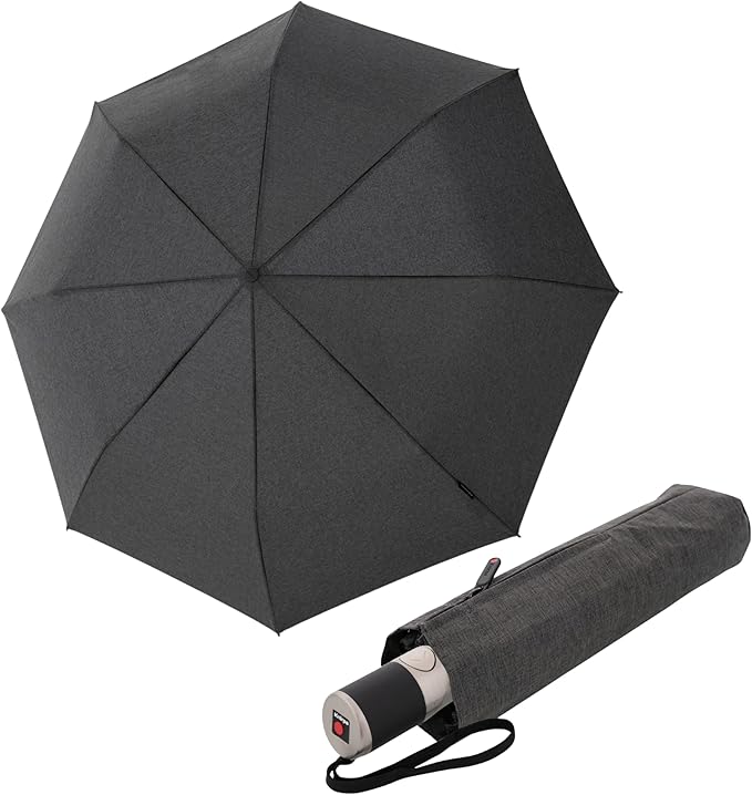 Knirps C.241 Chrome Matt Duomatic Umbrella for Adults in Melange Black - Automatic Open and Close, Vegan Leather Handle, Wind Resistant Steel Fiberglass Frame, 39in Canopy, Protective Sleeve Included