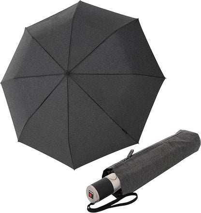 Knirps C.241 Chrome Matt Duomatic Umbrella for Adults in Melange Black - Automatic Open and Close, Vegan Leather Handle, Wind Resistant Steel Fiberglass Frame, 39in Canopy, Protective Sleeve Included