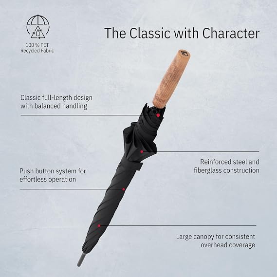 Knirps TIMBER Golf Umbrella for Rain & UV Protection Windproof Water Resistant Full Coverage Canopy Classic Large Walking Stick Umbrellas For Adults Designed with German Beech Wood Handle, Black