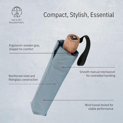 Knirps TIMBER Windproof Umbrella, Compact Travel Essentials Sun Protection & Rain Protection For Women & For Men, Manual Umbrellas with Water Resistant Carrying Case & German Beech Wood Handle, Cloud