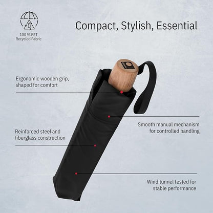 Knirps TIMBER Black Umbrella - Travel Essentials For Women or For Men, 38" Compact Outdoor Umbrella with Manual Open German Beech Wood Handle, Windproof Tested Frame Rain Protection with Carrying Case