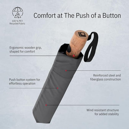 Knirps TIMBER Windproof Umbrella Travel Essentials, Automatic Open Close - Umbrellas for Men & For Women Fits Small Purse, Bag and Backpack, Compact Rain Protection with Beech Wood Handle, Dark Grey
