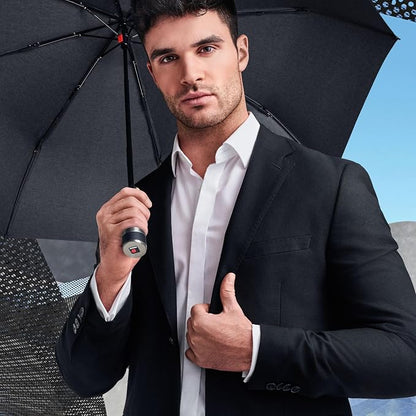 Knirps C.041 Chrome Matt Manual Rain Umbrella for Adults in Melange Black – Vegan Leather Handle, Wind Resistant Design, Lightweight Steel Fiberglass Frame, 39in Canopy, Protective Sleeve Included
