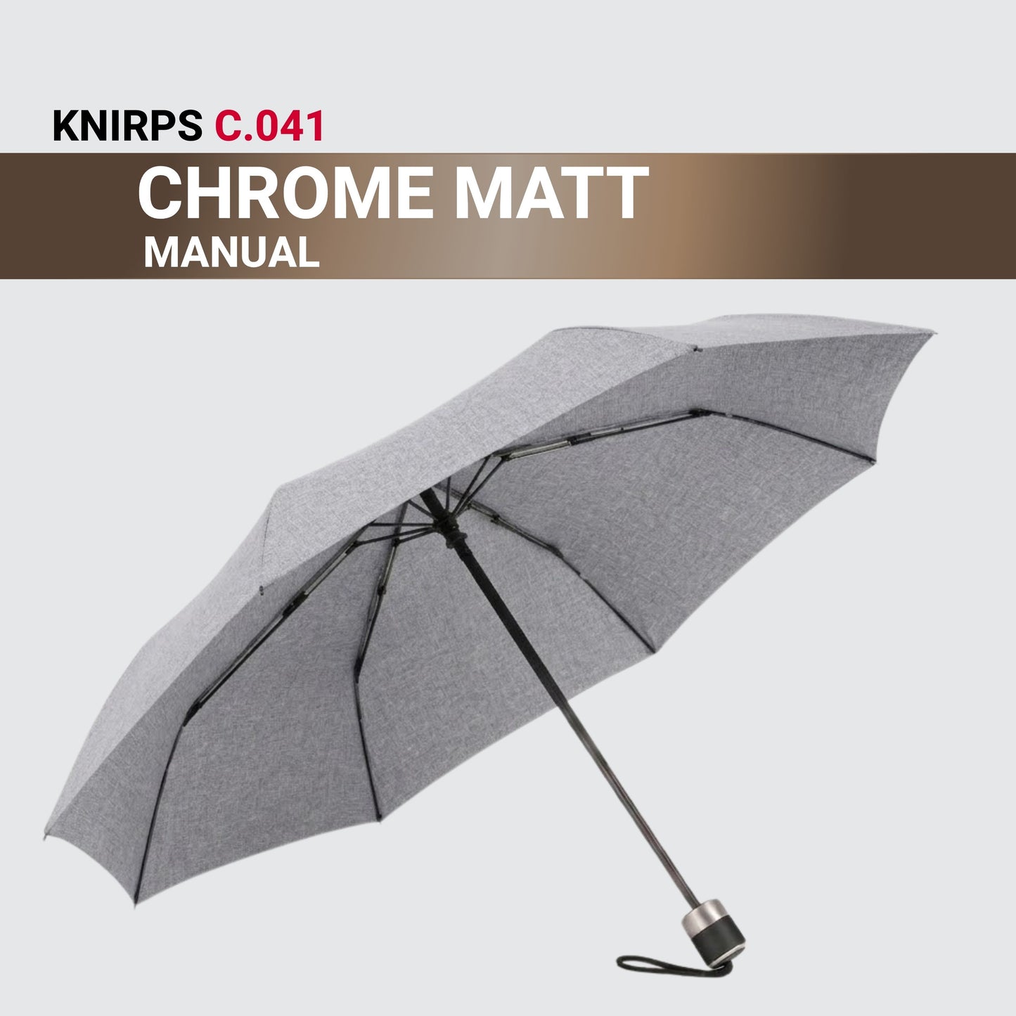 Knirps C.041 Chrome Matt Manual Rain Umbrella for Adults in Melange Grey – Vegan Leather Handle, Wind Resistant Design, Lightweight Steel Fiberglass Frame, 39in Canopy, Protective Sleeve Included