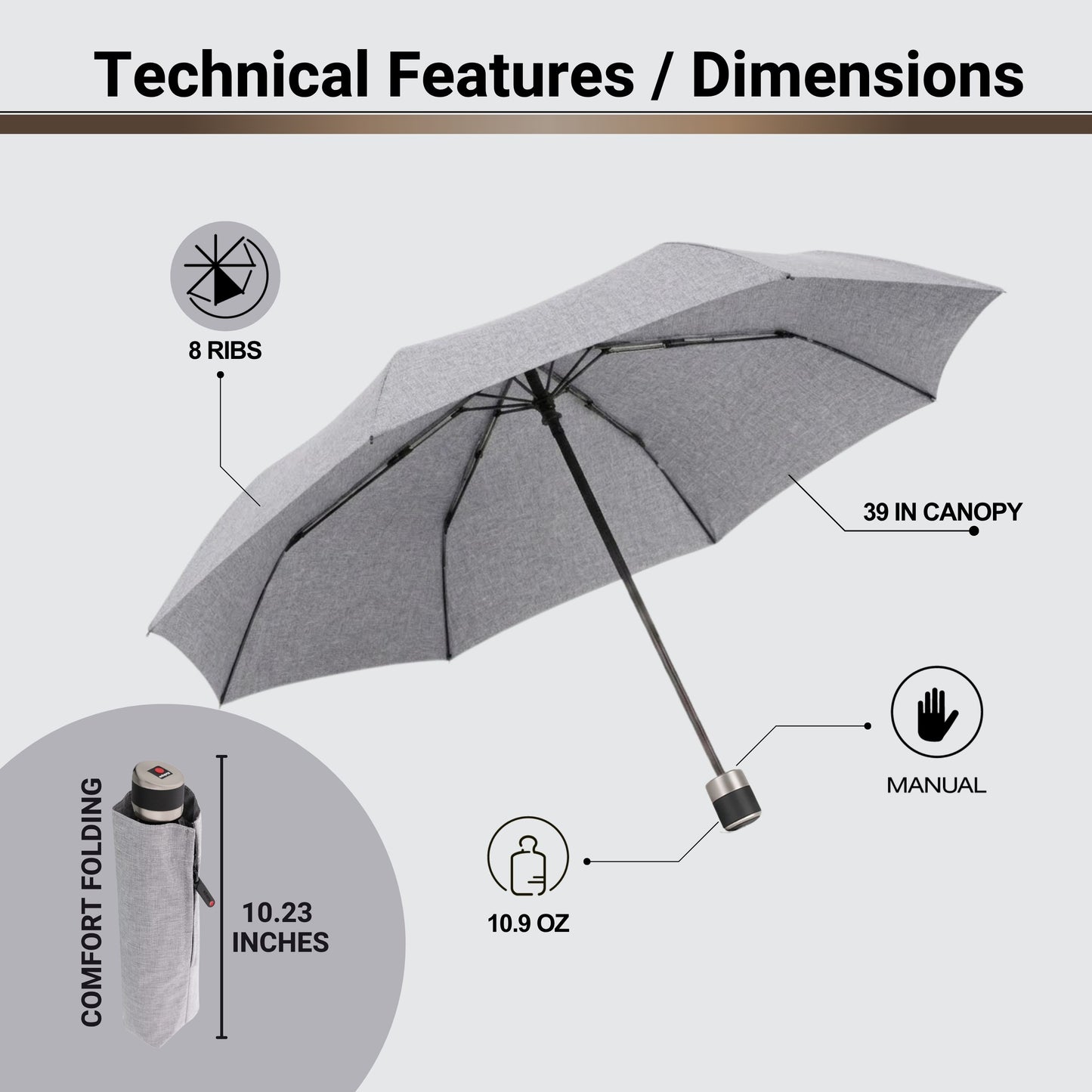 Knirps C.041 Chrome Matt Manual Rain Umbrella for Adults in Melange Grey – Vegan Leather Handle, Wind Resistant Design, Lightweight Steel Fiberglass Frame, 39in Canopy, Protective Sleeve Included