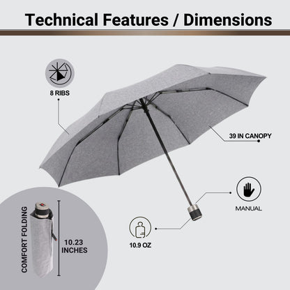 Knirps C.041 Chrome Matt Manual Rain Umbrella for Adults in Melange Grey – Vegan Leather Handle, Wind Resistant Design, Lightweight Steel Fiberglass Frame, 39in Canopy, Protective Sleeve Included