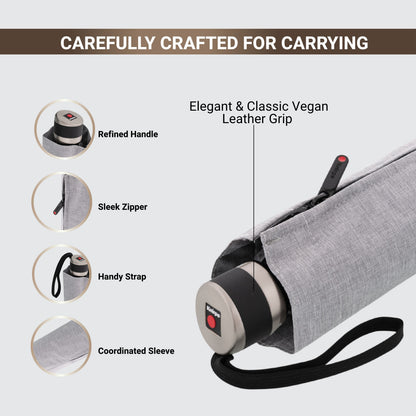 Knirps C.041 Chrome Matt Manual Rain Umbrella for Adults in Melange Grey – Vegan Leather Handle, Wind Resistant Design, Lightweight Steel Fiberglass Frame, 39in Canopy, Protective Sleeve Included