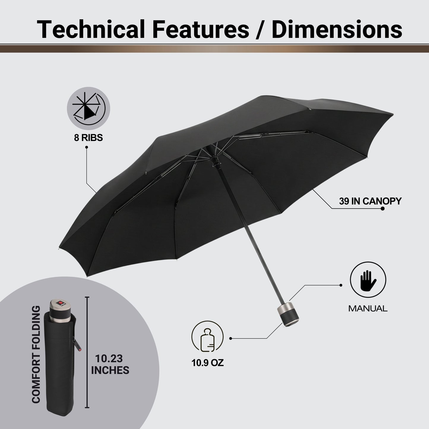 Knirps C.041 Chrome Matt Manual Rain Umbrella for Adults in Black – Vegan Leather Handle, Wind Resistant Design, Lightweight Steel Fiberglass Frame, 39in Canopy, Protective Sleeve Included