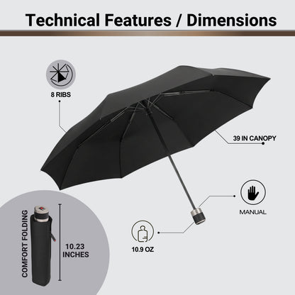 Knirps C.041 Chrome Matt Manual Rain Umbrella for Adults in Black – Vegan Leather Handle, Wind Resistant Design, Lightweight Steel Fiberglass Frame, 39in Canopy, Protective Sleeve Included