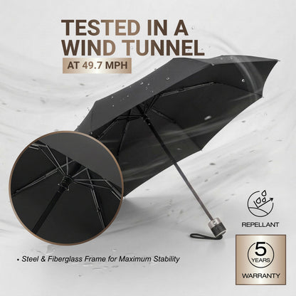 Knirps C.041 Chrome Matt Manual Rain Umbrella for Adults in Black – Vegan Leather Handle, Wind Resistant Design, Lightweight Steel Fiberglass Frame, 39in Canopy, Protective Sleeve Included