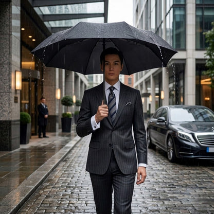 Knirps C.041 Chrome Matt Manual Rain Umbrella for Adults in Black – Vegan Leather Handle, Wind Resistant Design, Lightweight Steel Fiberglass Frame, 39in Canopy, Protective Sleeve Included
