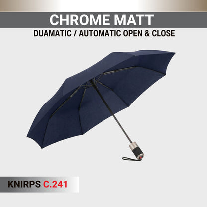 Knirps C.241 Chrome Matt Duomatic Umbrella for Adults - Automatic Open and Close, Vegan Leather Handle, Wind Resistant Steel Fiberglass Frame, 39in Canopy, Protective Sleeve Included