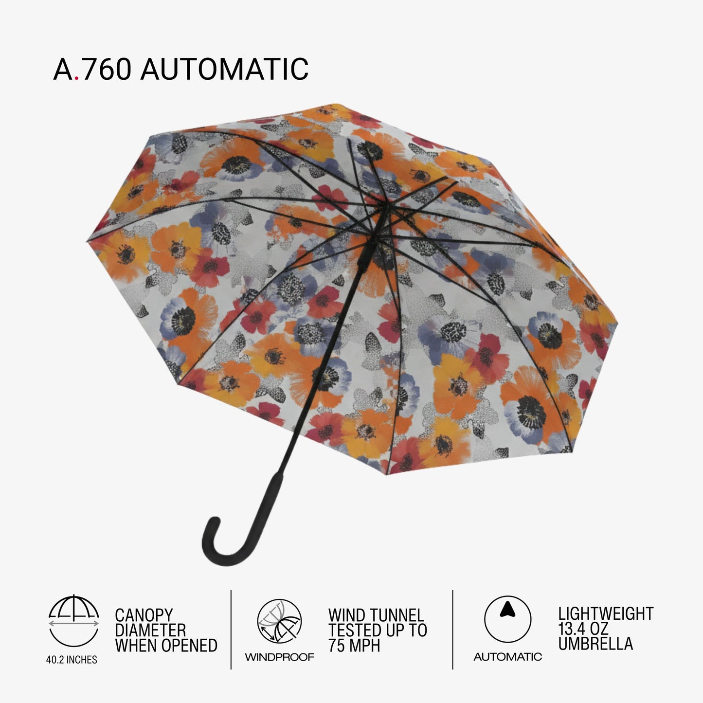 Knirps A.760 Curved Handle Rain Umbrella for Adults in Poppy – 42" Windproof Automatic Open Canopy, Ultra Lightweight Steel Aluminum Frame with Large Button, Rounded Tips, Polyester Case Included
