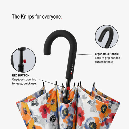 Knirps A.760 Curved Handle Rain Umbrella for Adults in Poppy – 42" Windproof Automatic Open Canopy, Ultra Lightweight Steel Aluminum Frame with Large Button, Rounded Tips, Polyester Case Included