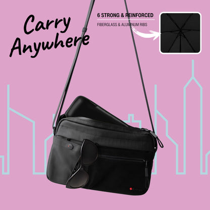 Knirps X4U My Clever Companion– 90cm Diameter Windproof Manual Open/Close Umbrella, Small and Compact Design for Travel and All Weather Protection, with Retractable Feature and Travel Case, Black w/ Black Coating