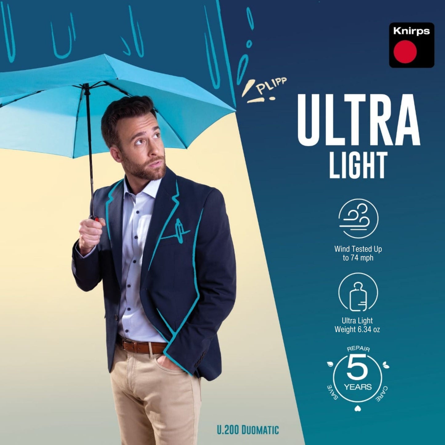 Knirps U.200 Ultra Light Automatic Rain Umbrella in Moss – One-Touch Auto Open/Close, Wind-Tunnel Tested, 37in Canopy, Aluminum Fiberglass Frame, Pocket-Size Travel Umbrellas, Cover Included