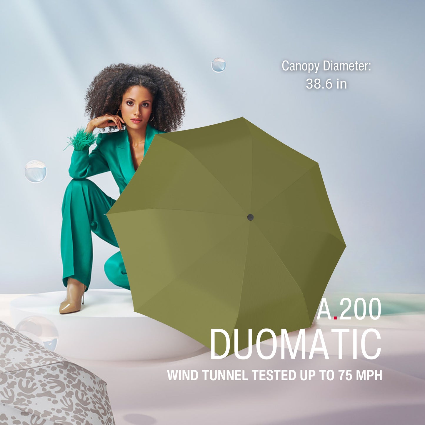 Knirps A.200 Medium Duomatic Windproof Rain Umbrella for Adults in Olive – Automatic Open Close Design, 38.5" Wind Resistant Canopy, Durable Steel Frame, Travel Case Included