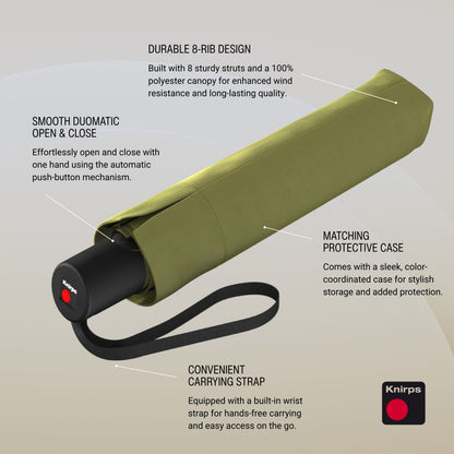 Knirps A.200 Medium Duomatic Windproof Rain Umbrella for Adults in Olive – Automatic Open Close Design, 38.5" Wind Resistant Canopy, Durable Steel Frame, Travel Case Included